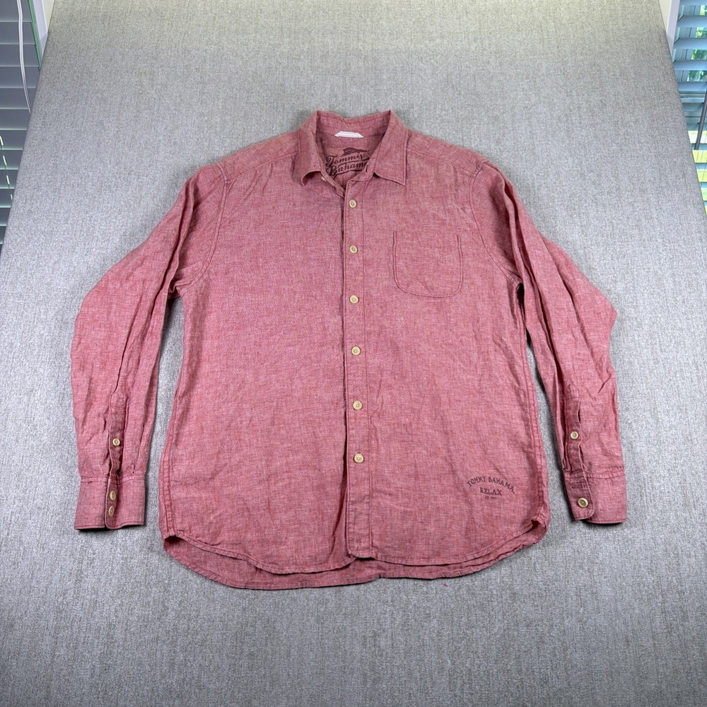 Tommy Bahama Relax Men LG Coral Red 100% Linen Long Sleeve Button Down
